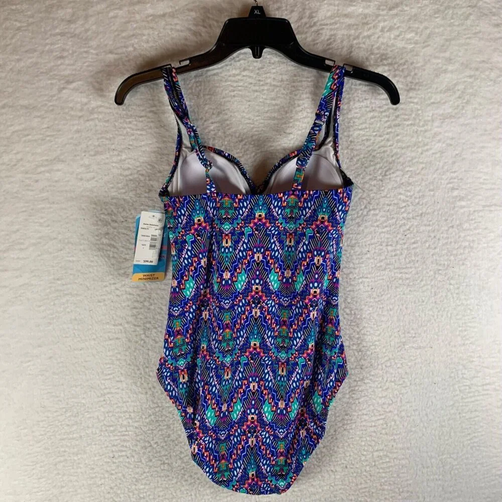 Swim Solutions Navy Multi Tummy-Control Shirred One-Piece Swimsuit Sz 8 NWT 9401 - Picture 9 of 11